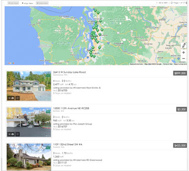 screenshot of search results with a map